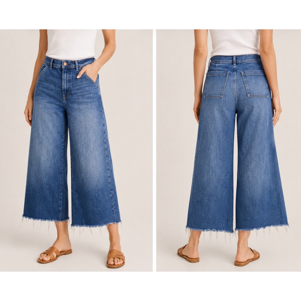 Kensie Kaya High Rise Wide Leg Jeans Blue Denim Raw Hem Womens 6 28